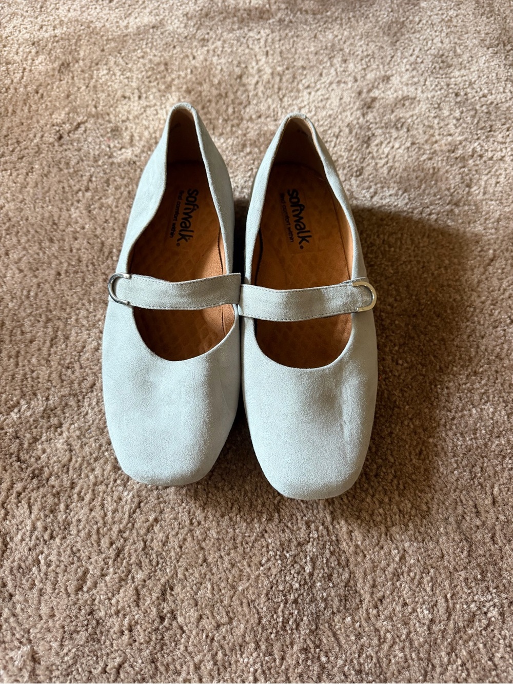 SoftWalk Mary Jane Flats in Pale Gray Suede